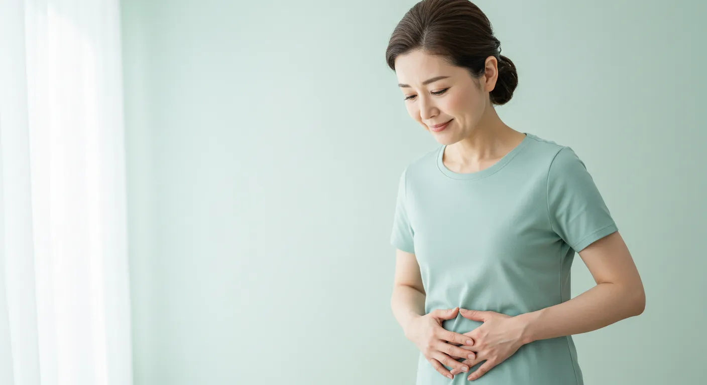 日本人女性が下腹部に手を添えて微笑んでいる写真。頻尿の不安をやさしくケアするイメージ。