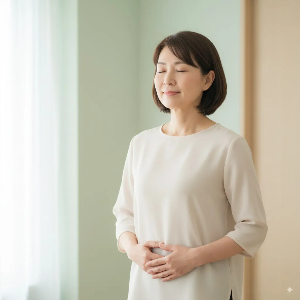 下腹部に手を置いて呼吸法を実践している写真。頻尿セルフケアのイメージ。