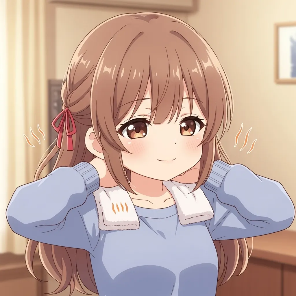 ホットタオルで首から肩を温めている女性のイラスト