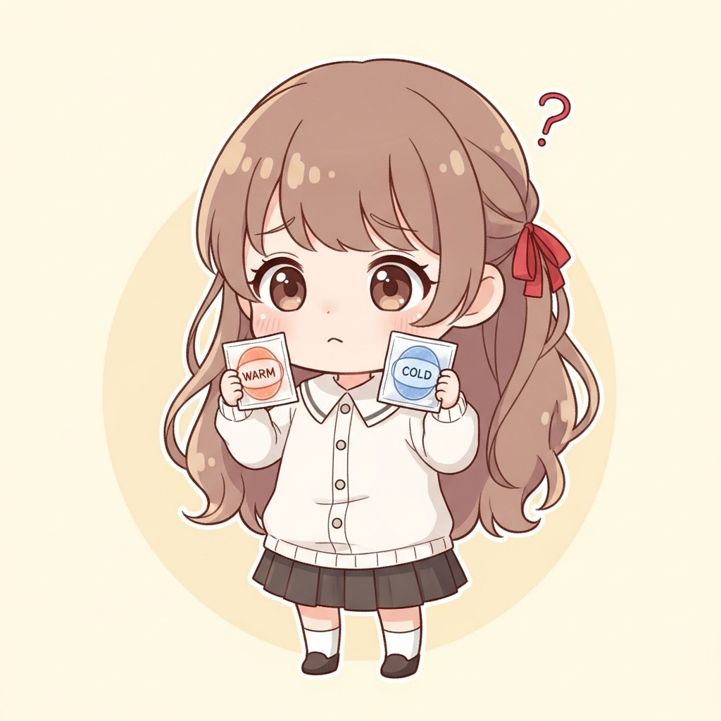 温シップと冷シップで迷っている女性のイラスト