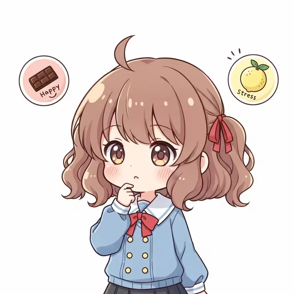 甘いお菓子とレモンを前に迷っている女性のイラスト