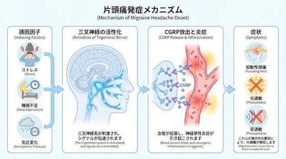 CGRPと三叉神経による片頭痛のメカニズム図解 - 誘因から三叉神経の活性化、CGRP放出、血管拡張・炎症、ズキズキ痛みへの流れ